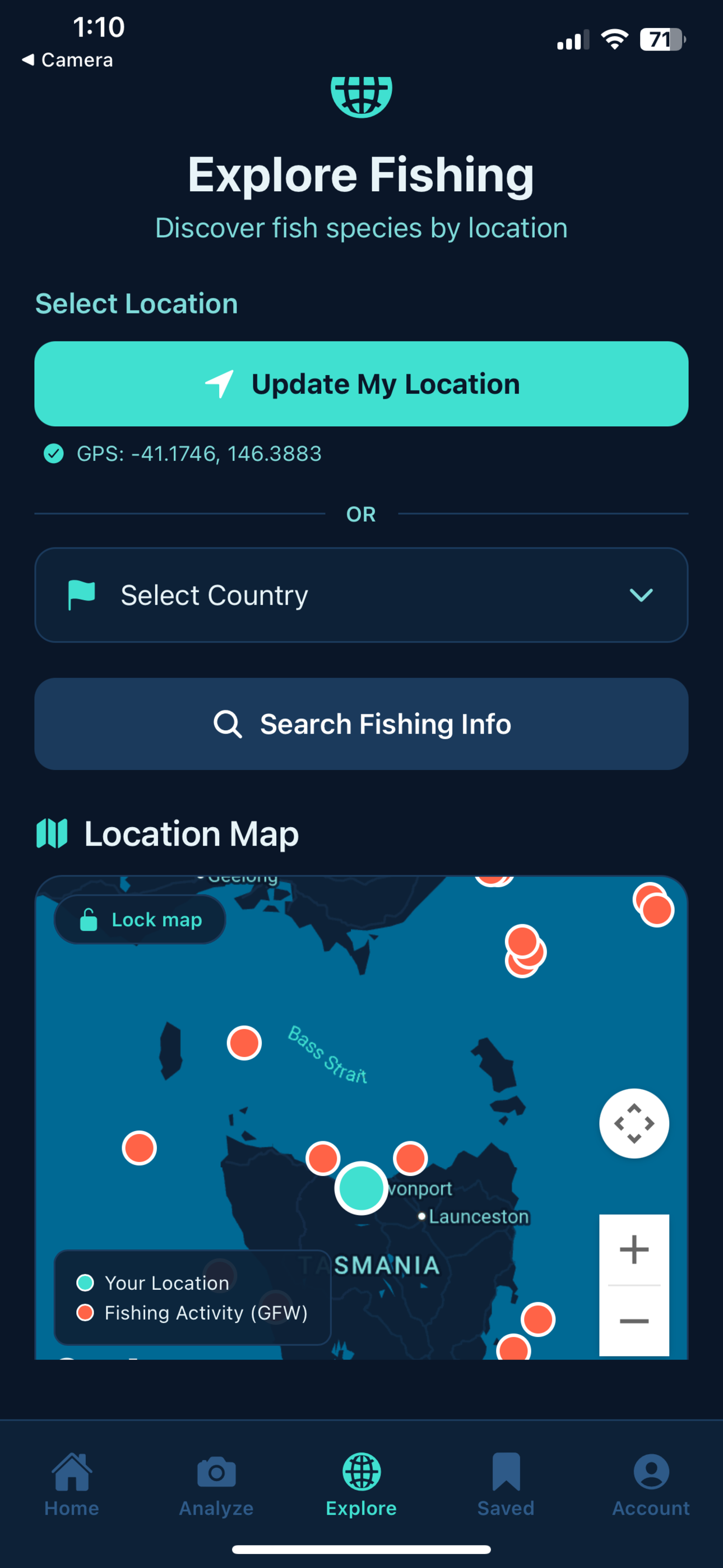 Fillet Found explore fishing screen with location map of Tasmania, GPS coordinates, and fishing activity markers