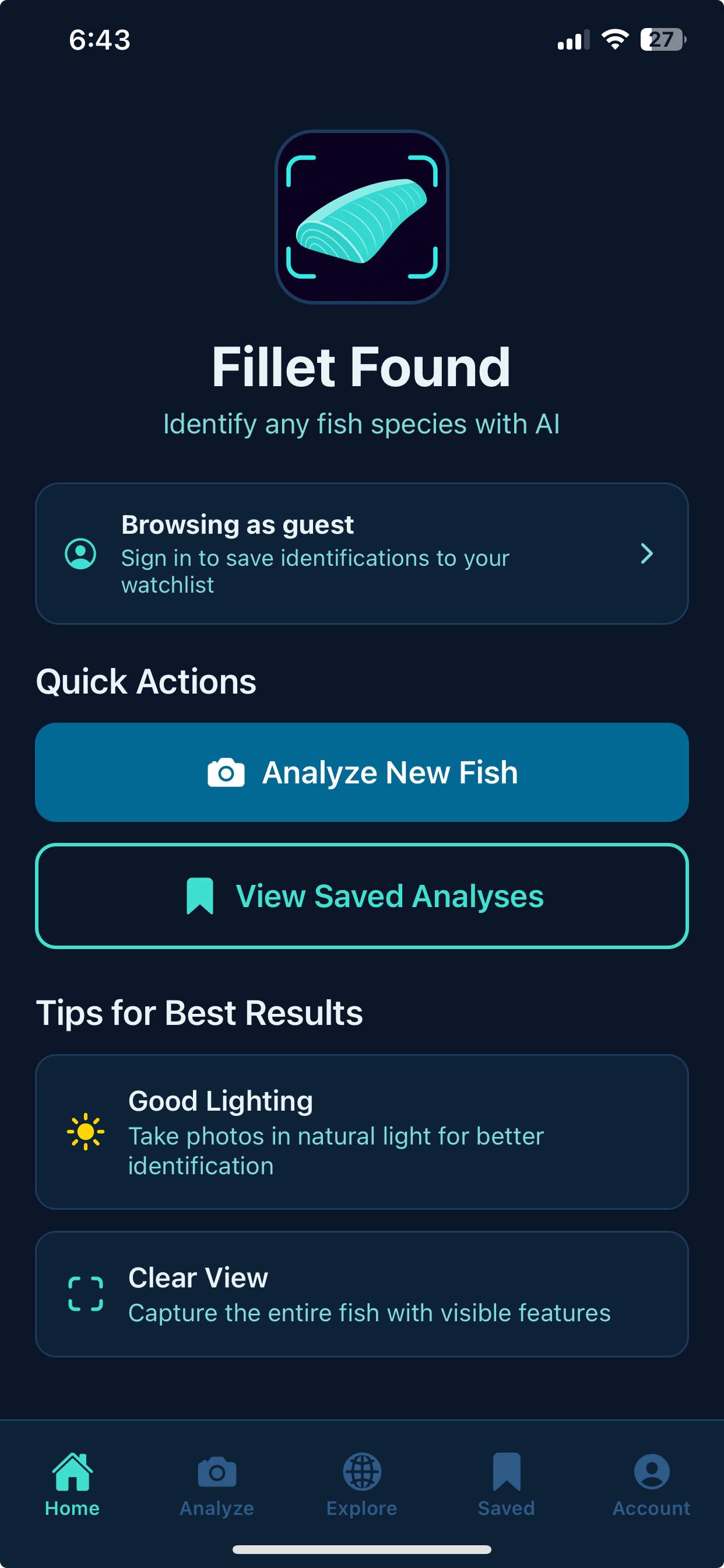 Fillet Found home screen showing total scans and species found