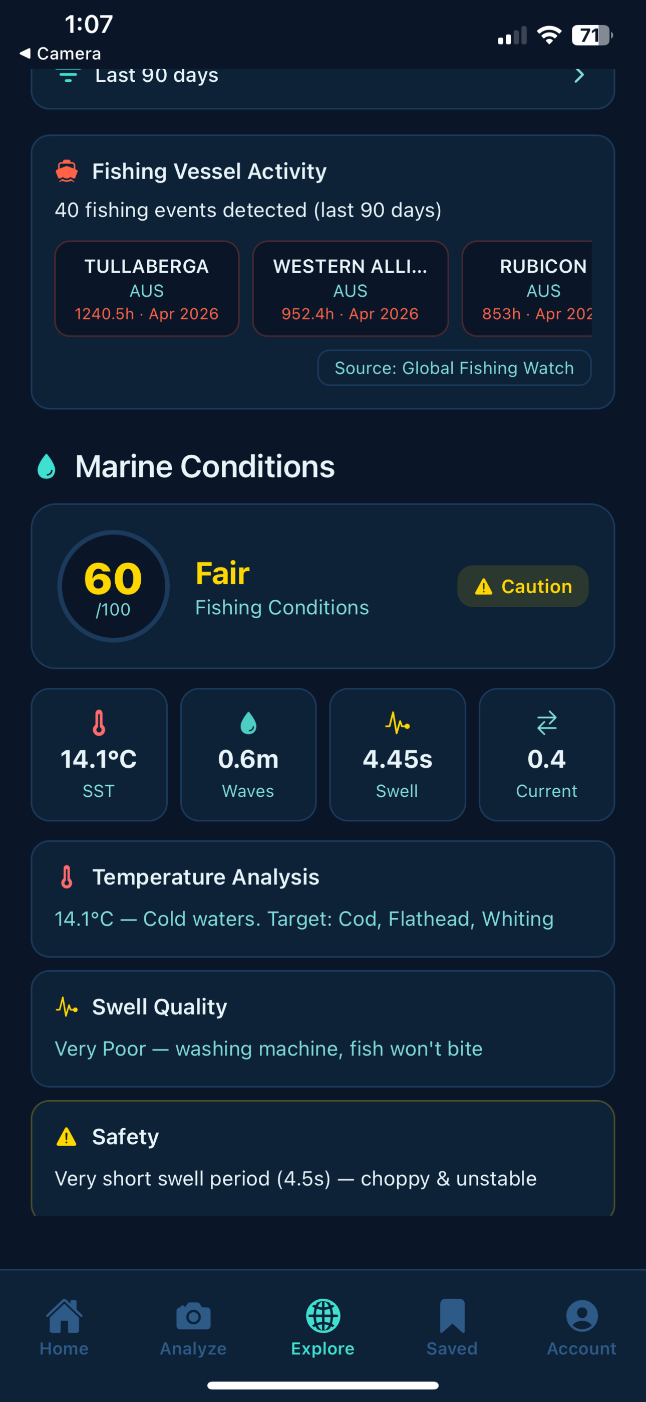 Fillet Found marine conditions screen showing fishing score 60 out of 100, vessel activity, wave height, temperature, and safety warnings