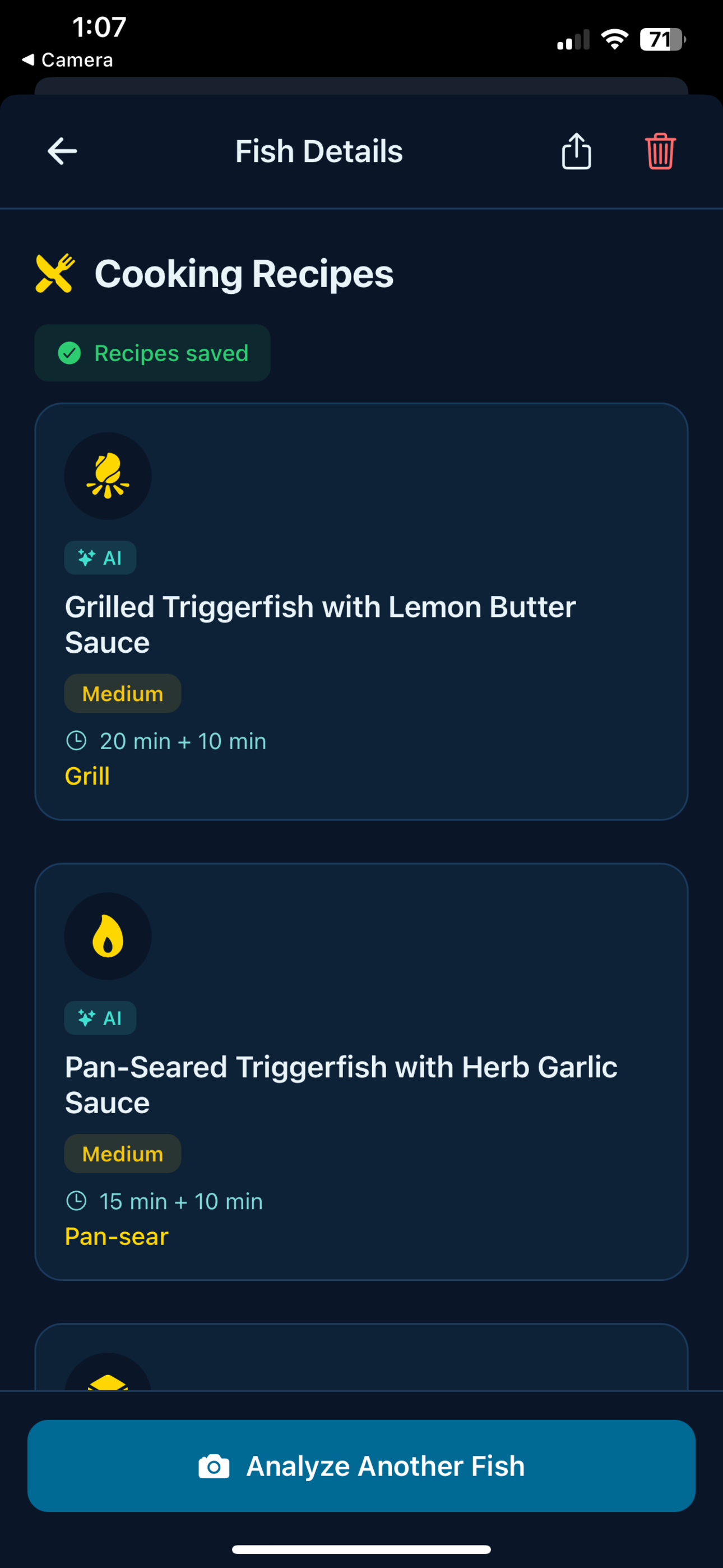 Fillet Found cooking recipes screen with AI-generated grilled Triggerfish recipes, difficulty ratings, and prep times